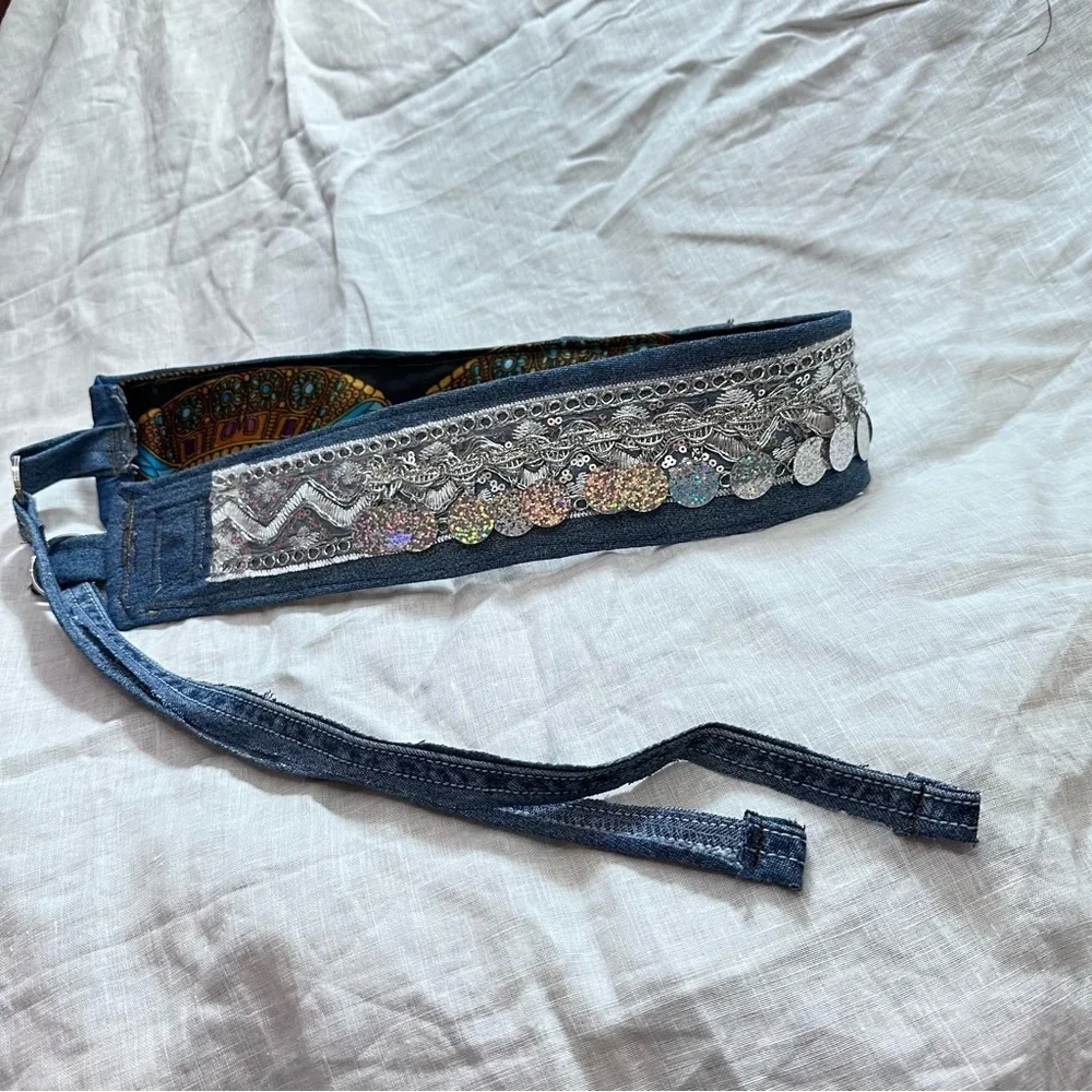 Artisan Boho Denim Coin Belt Handmade Upcycled Festival Waist Belt 33-38 Signed